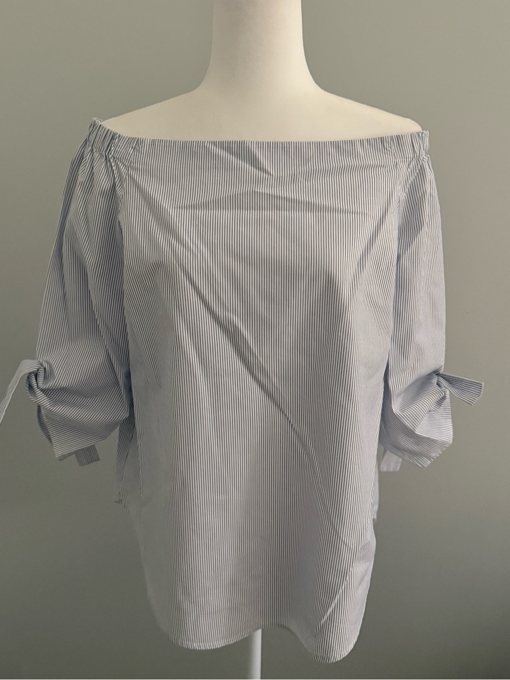 Babaton Light Blue Pinstriped Off-Shoulder Tie-Sleeve Blouse
